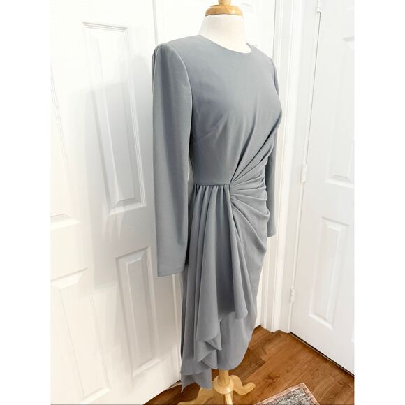 Badgley Mischka Womens Gray Long Sleeve Draped Sash Event Dress Size 8 - Picture 3 of 7